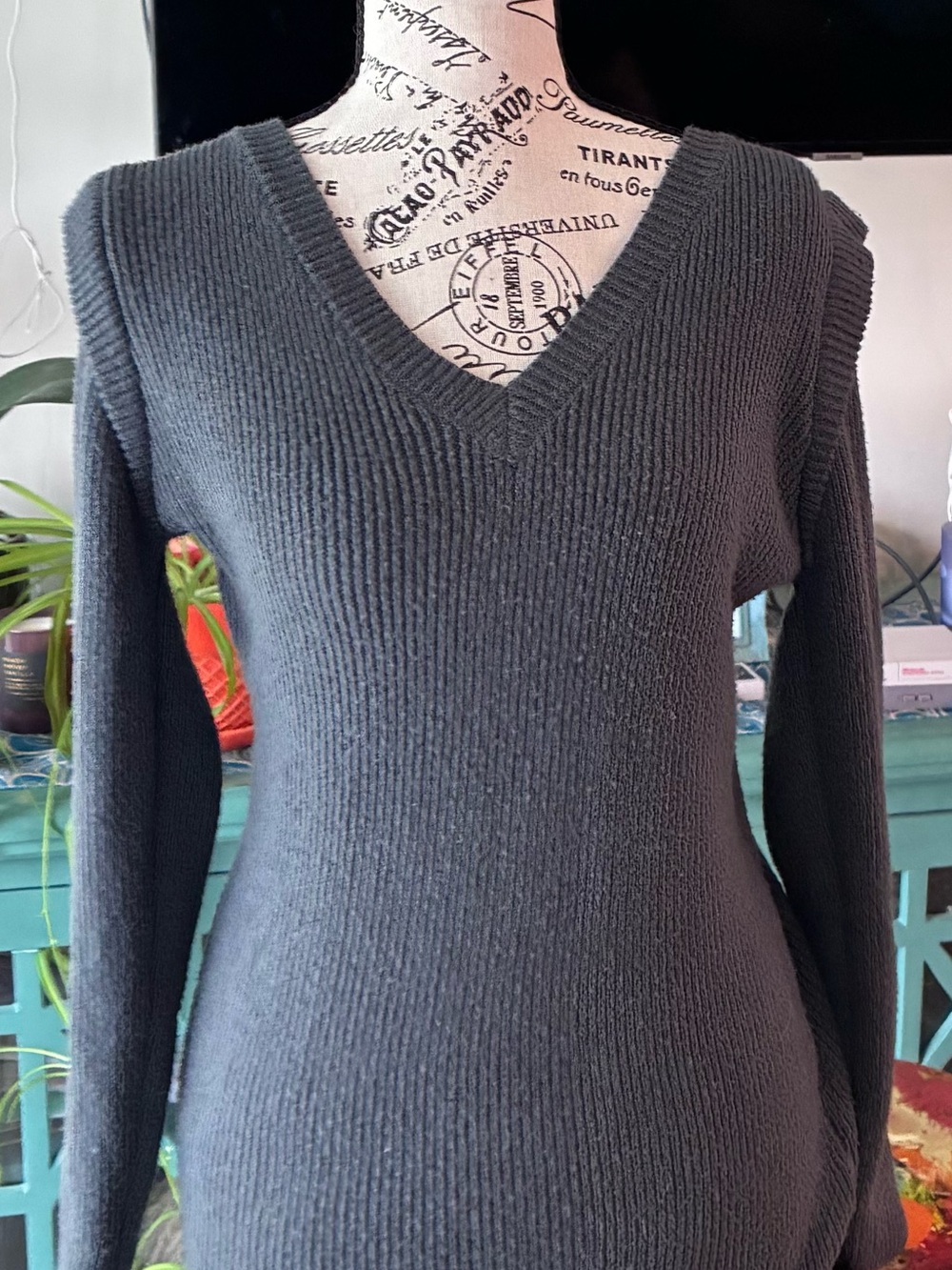 SHEIN Charcoal V-Neck Ribbed Long Sleeve Sweater Dress